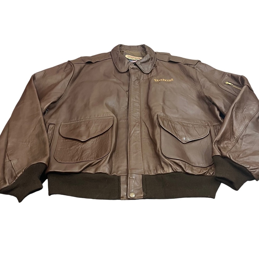 Perrone Aviation Apparel Bomber Jacket Mens 50 Brown Leather Beechcraft USA Made